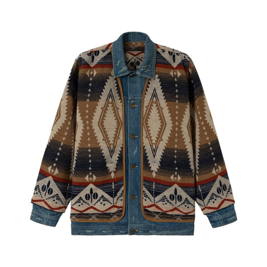 Unisex Weit geschnittene Jacquard-Linerjacke mit Denim-Besatz und grafischem Ethno-Muster Shop Nory