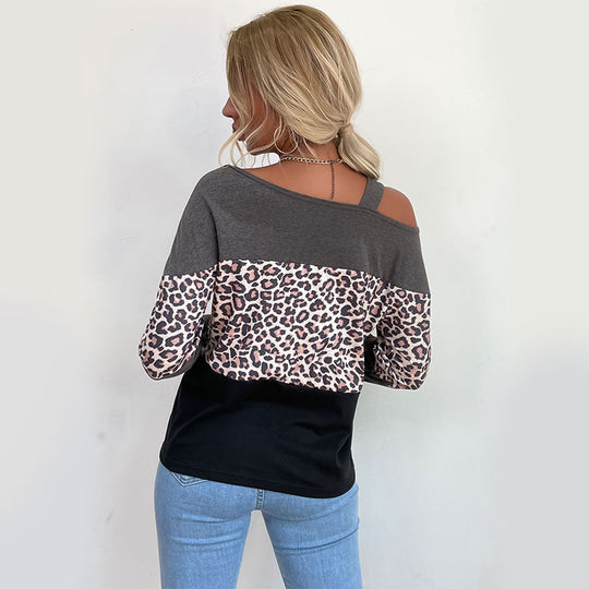 Damen Legerer Off-Shoulder Pullover mit Leoparden‑Print, Kontrastblöcken und Spaghettiträger Shop Nory