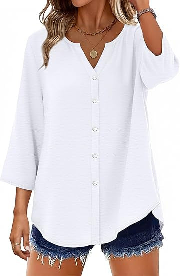 Damen Leichte V-Ausschnitt Blusenjacke mit 3/4-Ärmeln, geschwungenem Saum und durchgehender Knopfleiste Shop Nory