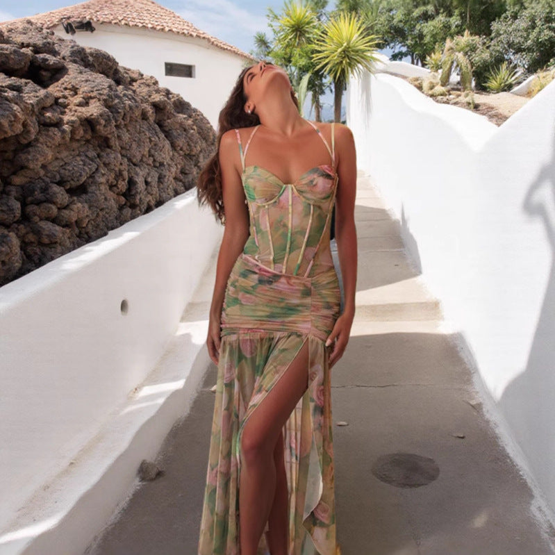 Damen Maxi-Kleid mit verführerischem Schlitz und elegantem Rüschendesign