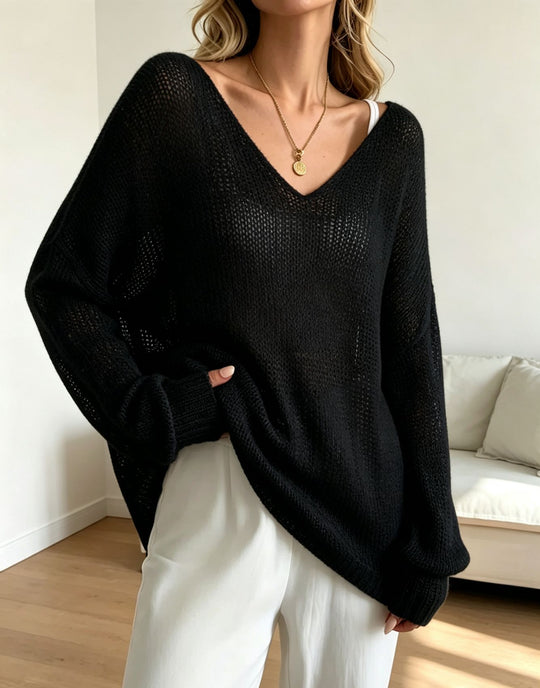 Damen Oversized Strickpullover mit tiefem V-Ausschnitt und feiner Lochstrickstruktur Shop Nory