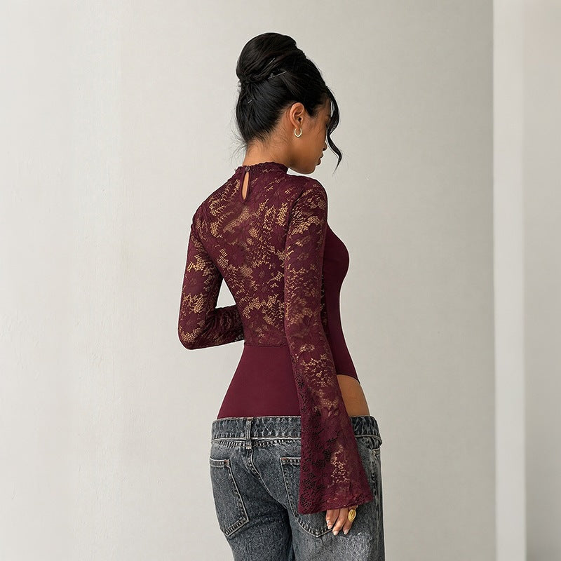 Damen Spitzen-Bodysuit mit Cut-Out, Carmen‑Optik und ausgestellten Trompetenärmeln Shop Nory
