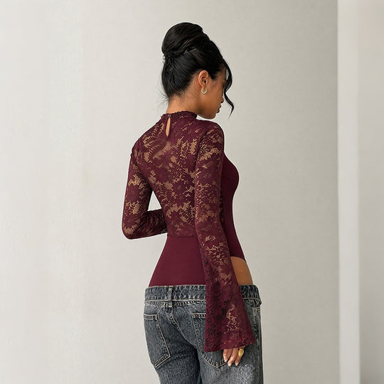 Damen Spitzen-Bodysuit mit Cut-Out, Carmen‑Optik und ausgestellten Trompetenärmeln Shop Nory
