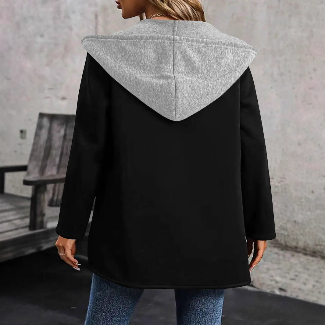 Damen Langer Kapuzen-Cardigan mit kontrastiertem Besatz, Kordelzug und Eingrifftaschen Shop Nory
