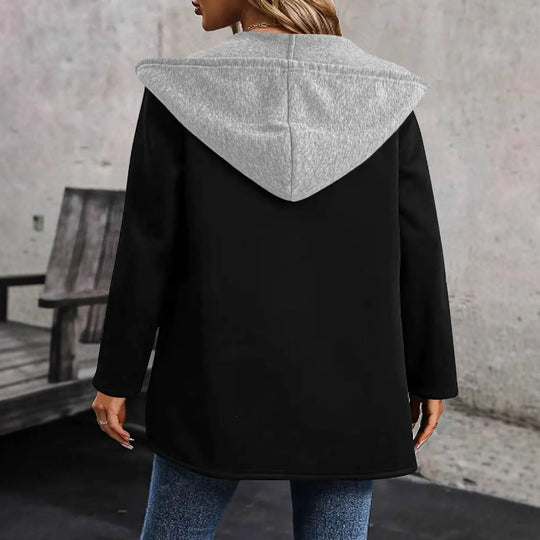 Damen Langer Kapuzen-Cardigan mit kontrastiertem Besatz, Kordelzug und Eingrifftaschen Shop Nory