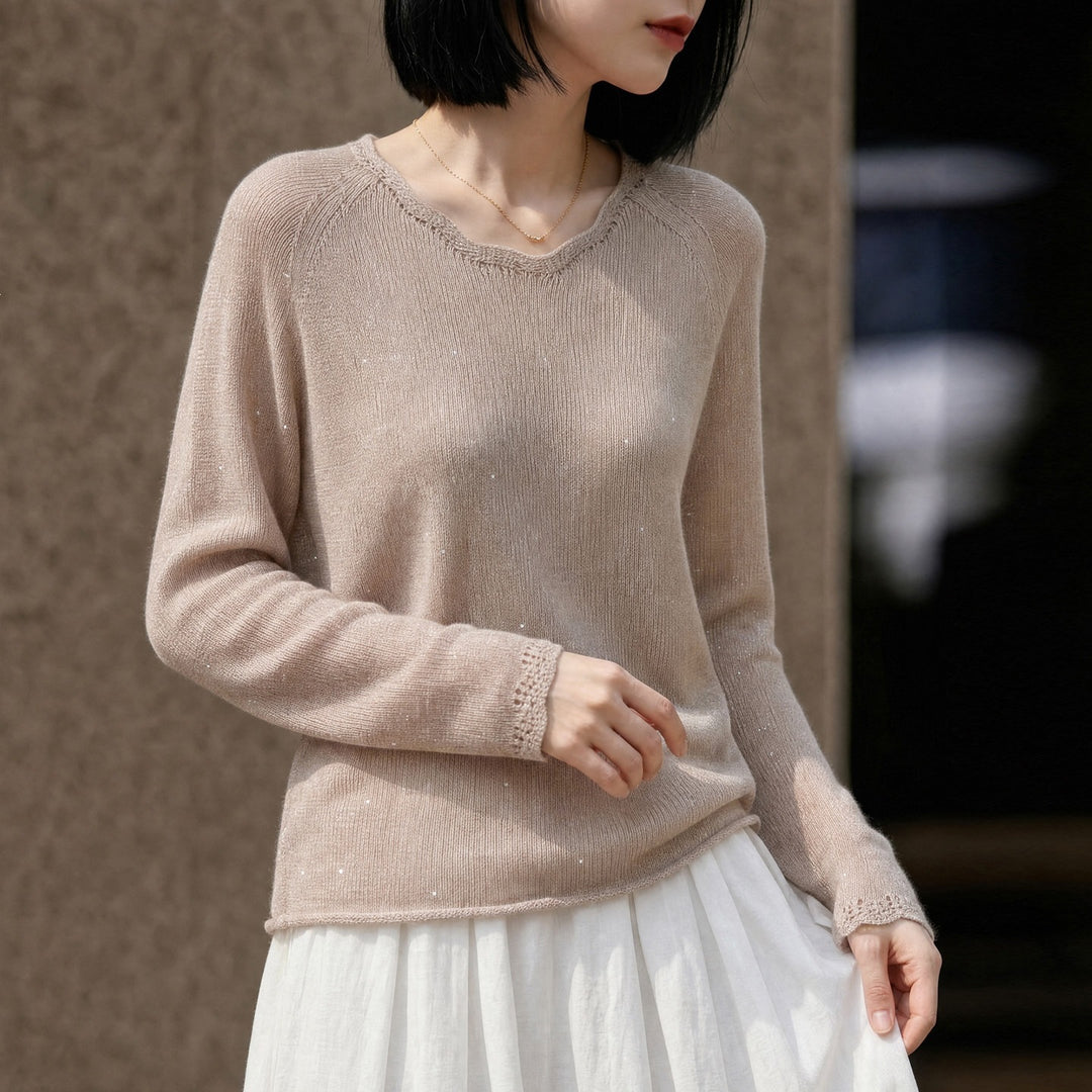 Damen leichter Feinstrickpullover mit dezenter Glitzeroptik und Raglanärmeln Shop Nory