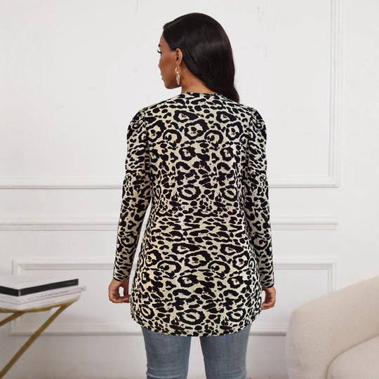 Damen Offene Leoprint Longjacke mit Puffärmeln, leichter WShop Noryqualität und fließender A‑Linie Shop Nory