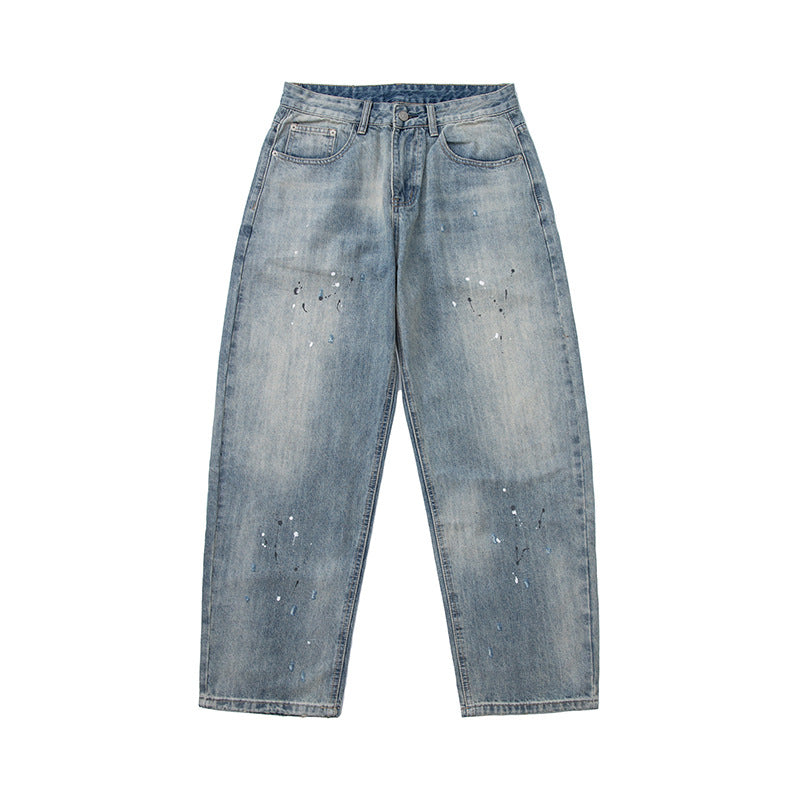 Damen Baggy-Jeans mit hoher Taille, verkürztem Bein und Lackspritzern Shop Nory