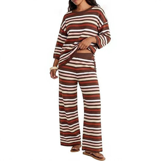 Damen Gestreiftes Lounge-Set aus leichtem Strick mit weitem Bein und 3/4-Ärmeln Shop Nory