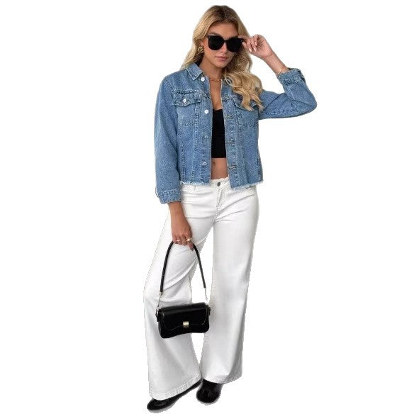 Damen Kurz geschnittene Oversize-Denimjacke mit ausgefranstem Saum und Pattentaschen Shop Nory