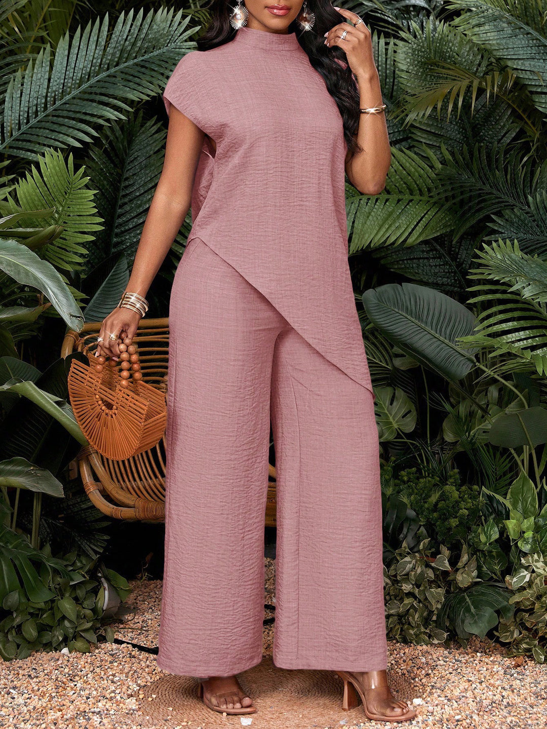 Damen Zweiteiliges Set mit asymmetrischer Tunika und weiten Palazzo-Hosen Shop Nory