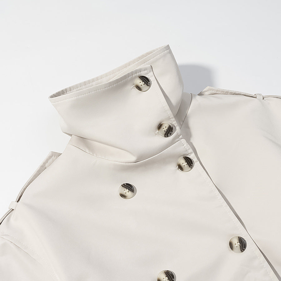 Damen Langer doppeltgereihter Trenchcoat mit hohem Stehkragen und Taillengürtel Shop Nory