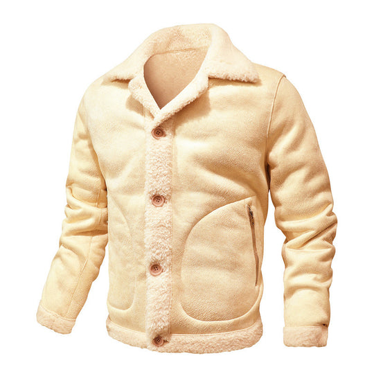 Herren Lammfell-inspirierte Teddy-Fleece Jacke mit Knopfleiste und Reißverschlusstaschen Shop Nory