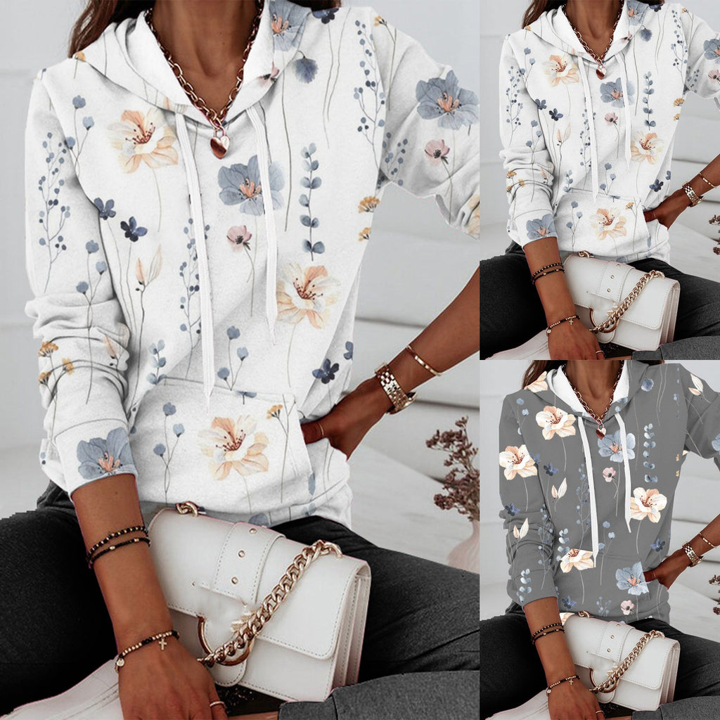 Damen Kapuzenpullover mit floralem Print und Kängurutasche Shopnory