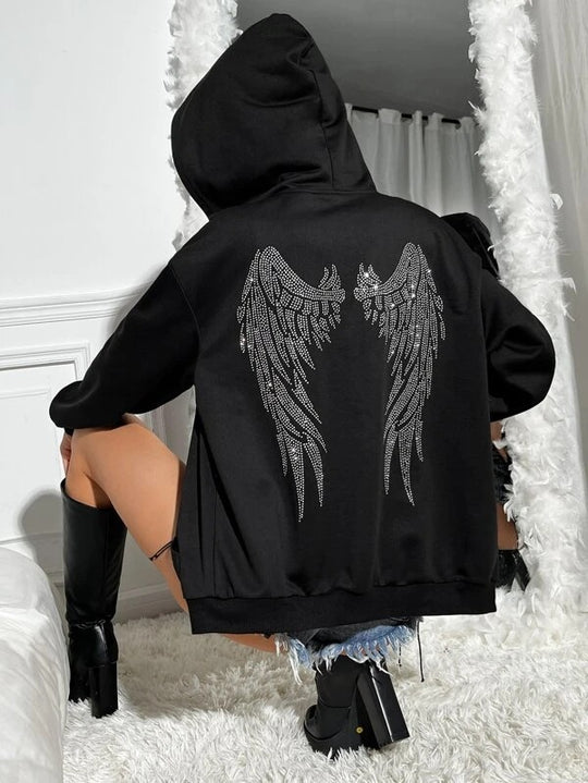 Damen nan Oversize Kapuzenpullover mit funkelndem Strass-Engelsflügel-Rücken Shop Nory
