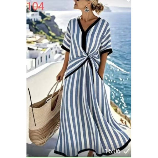 Damen Maxikleid mit V-Ausschnitt, seitlichem Knoten und Kontrastpaspeln Shop Nory