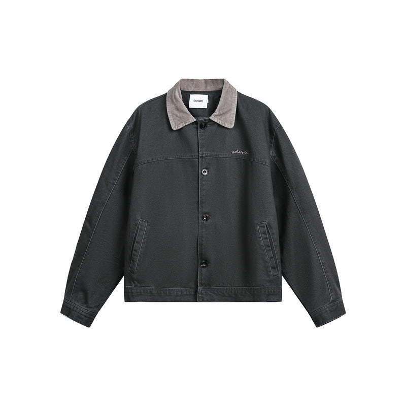 Unisex Kurz geschnittener Boxy-Jeansblouson mit Cordkragen und Eingrifftaschen Shop Nory