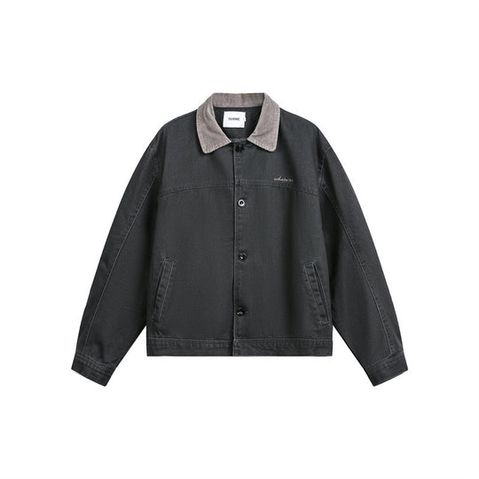 Unisex Kurz geschnittener Boxy-Jeansblouson mit Cordkragen und Eingrifftaschen Shop Nory