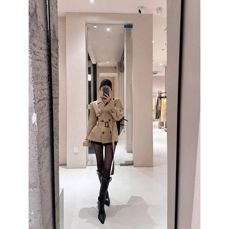Damen Kurzer taillierter Trenchcoat-Blazer mit Doppelreihe und Taillengürtel Shop Nory