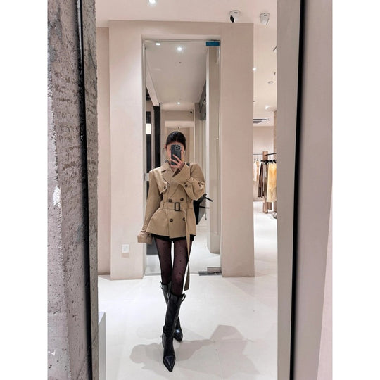 Damen Kurzer taillierter Trenchcoat-Blazer mit Doppelreihe und Taillengürtel Shop Nory