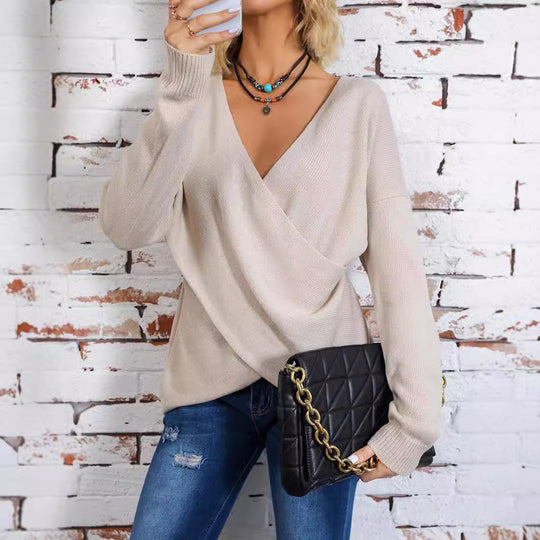 Damen Wickel-Strickpullover mit tiefem V-Ausschnitt und überschnittenen Ärmeln Shop Nory