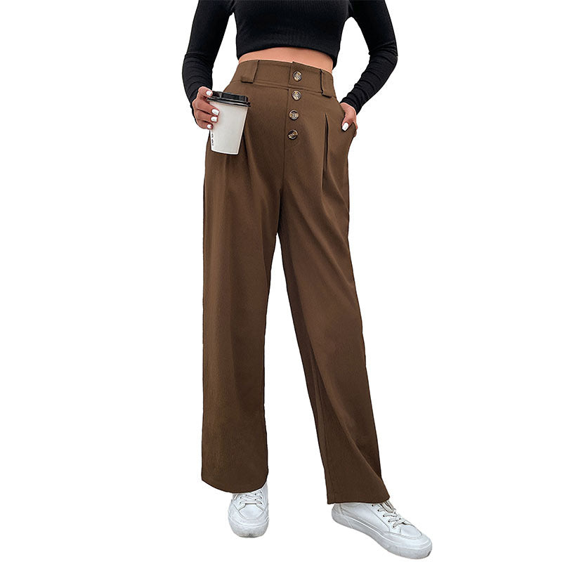 Damen Hochtaillierte weite Stoffhose mit Zierknopfleiste und Bundfalten Shop Nory