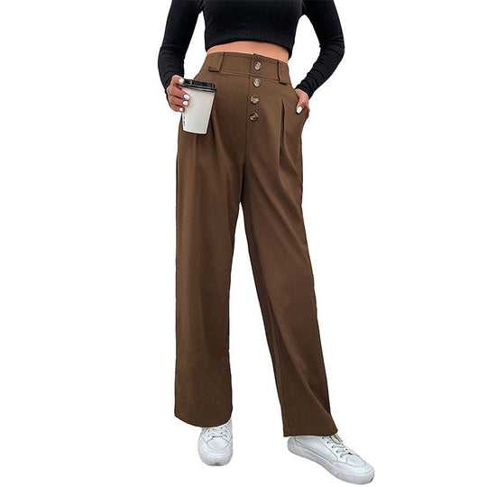 Damen Hochtaillierte weite Stoffhose mit Zierknopfleiste und Bundfalten Shop Nory