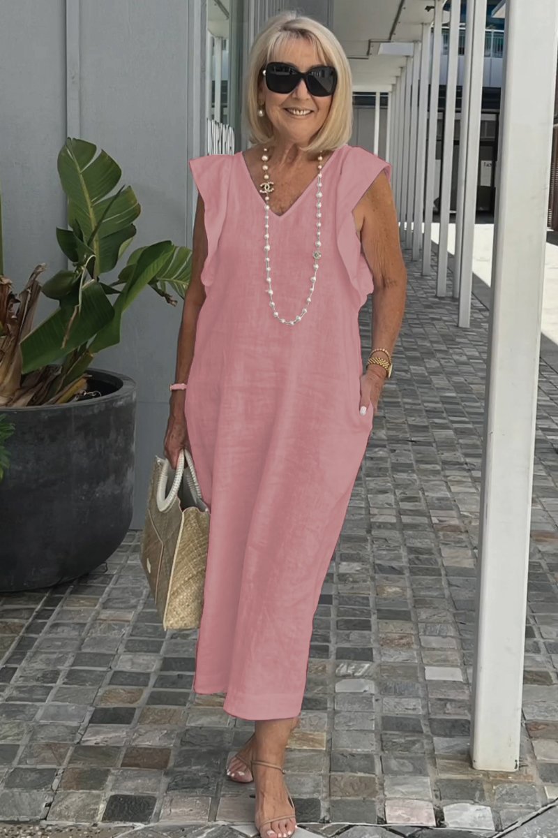 Damen Maxikleid mit V-Ausschnitt und angeschnittenem Ärmel