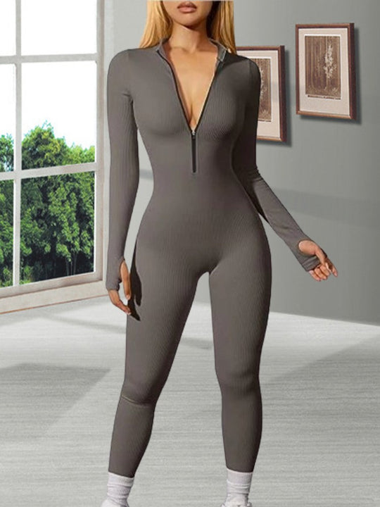 Damen nan figurbetonter Ripp-Jumpsuit mit hohem Halsausschnitt, langem Arm und sculptender Nahtführung Shop Nory