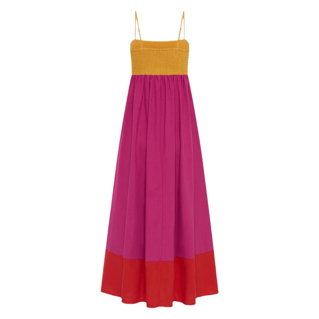 Damen Maxikleid mit farbenfrohem Blockdesign und verstellbaren Spaghettiträgern