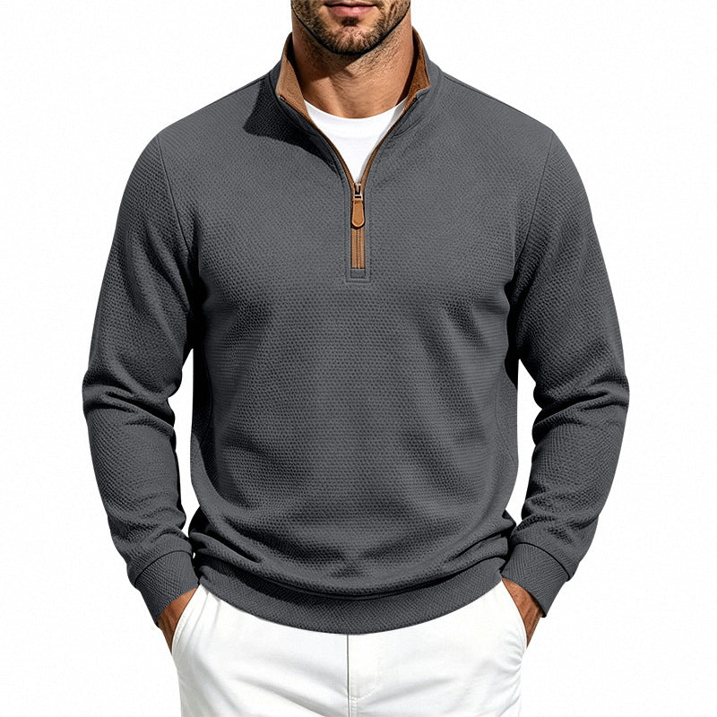 Herren Waffelstruktur-Halbzip-Sweatshirt mit Stehkragen, Kontrastfutter und Lederzipper Shop Nory