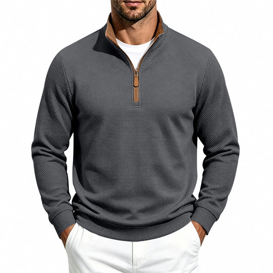 Herren Waffelstruktur-Halbzip-Sweatshirt mit Stehkragen, Kontrastfutter und Lederzipper Shop Nory