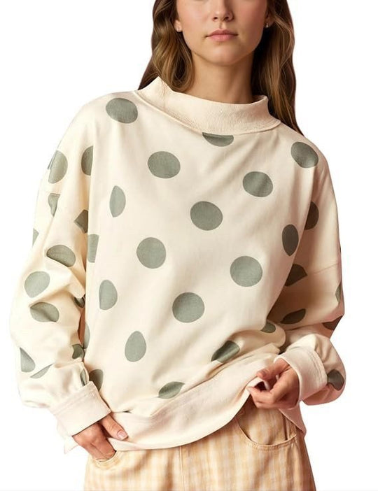 Damen Locker geschnittenes Sweatshirt mit Stehkragen und großen Punkten Shop Nory
