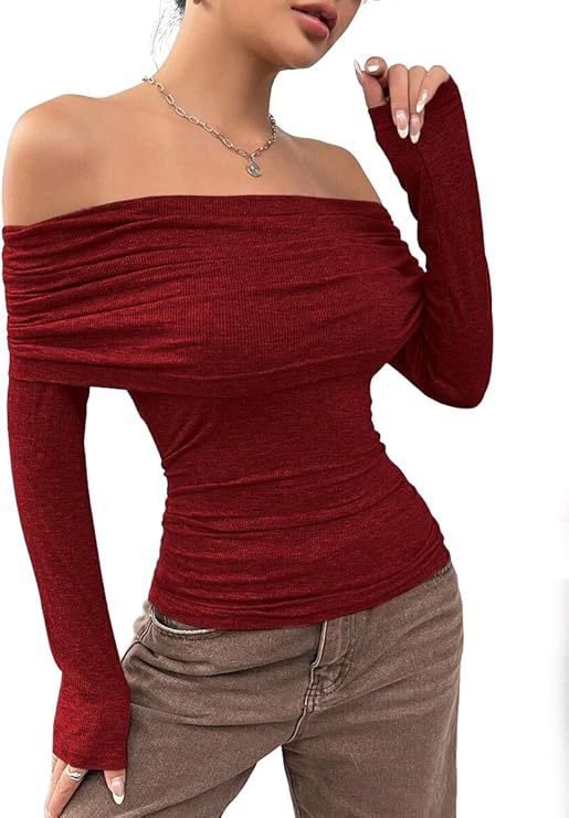 Damen Schulterfreies Ripp-Longsleeve mit weitem Umschlagkragen und taillierter Silhouette Shop Nory