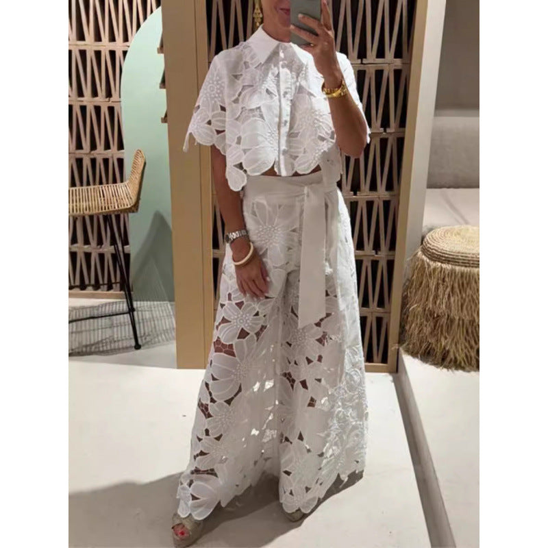 Damen Zweiteiliges Spitzen-Set mit Blumenstickerei und Palazzohose Shop Nory