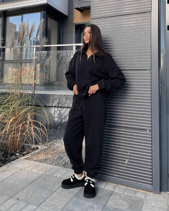 Damen Ultraweiches Fleece-Relaxset mit Stehkragen, halbem Reißverschluss und elastischer Schlupfhose Shop Nory