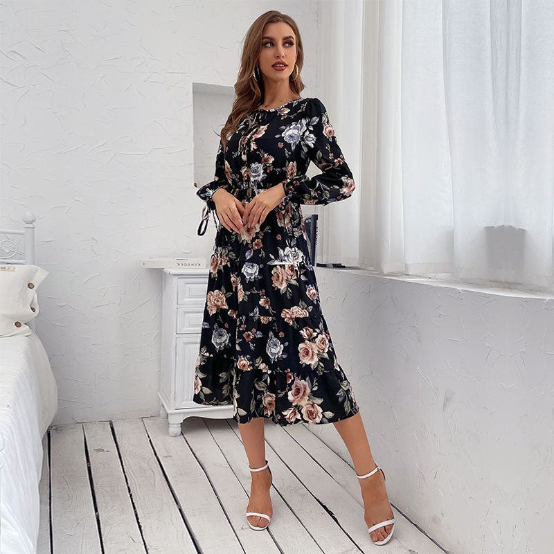Damen Blumiges Stufen-Midikleid mit Taillenschnürung und Ballonärmeln Shop Nory