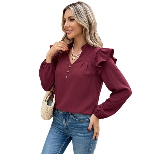 Damen Rüschenbluse mit Stehkragen, V-Ausschnitt und dekorativer Knopfleiste Shop Nory