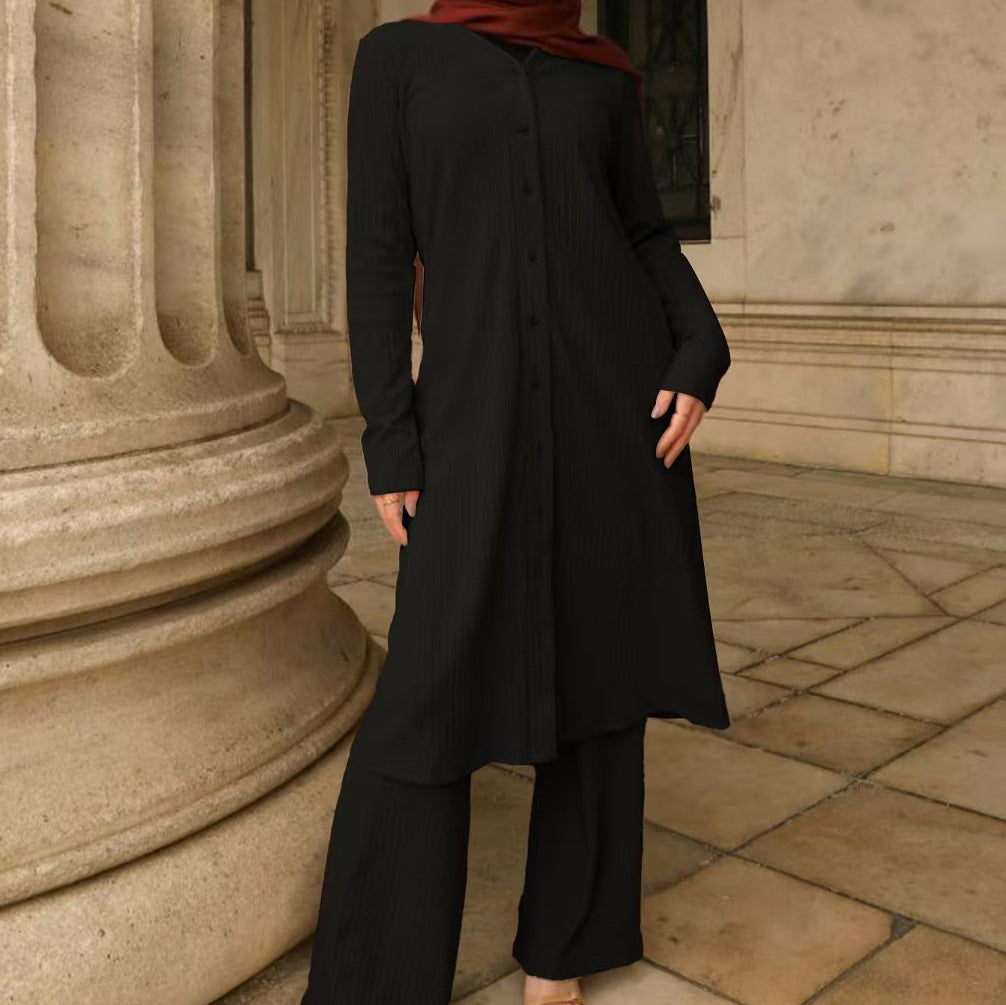 Damen Modestisches Knopf-Tunika-Set mit gerader Silhouette, langen Ärmeln und weitem Palazzo-Hosenbein Shop Nory