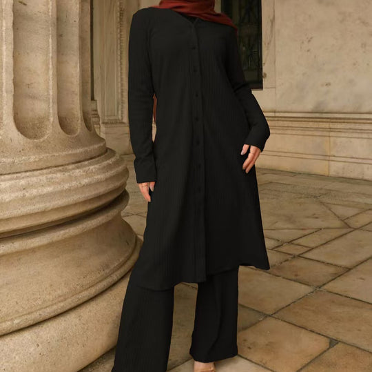 Damen Modestisches Knopf-Tunika-Set mit gerader Silhouette, langen Ärmeln und weitem Palazzo-Hosenbein Shop Nory