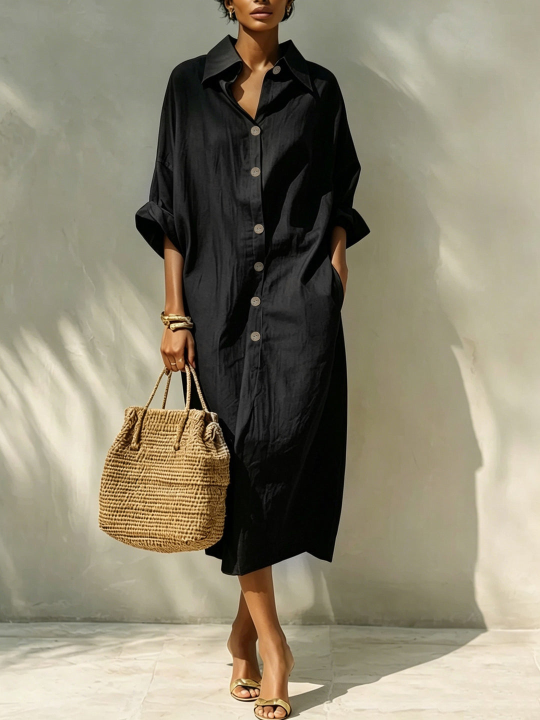 Damen Langes Oversize-Hemdblusenkleid mit Kentkragen und durchgehender Knopfleiste Shop Nory