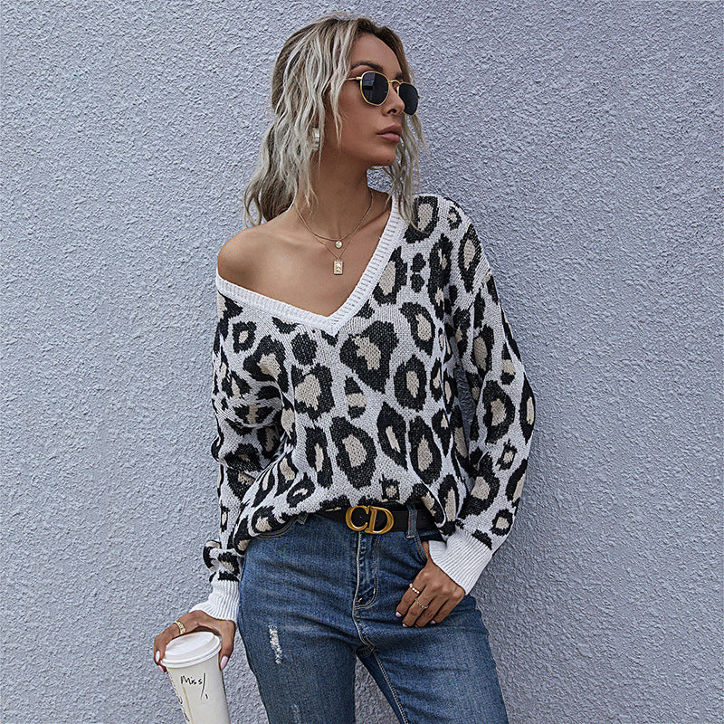 Damen Oversize V-Ausschnitt Strickpullover mit Leopardenmuster und Rippbündchen Shop Nory