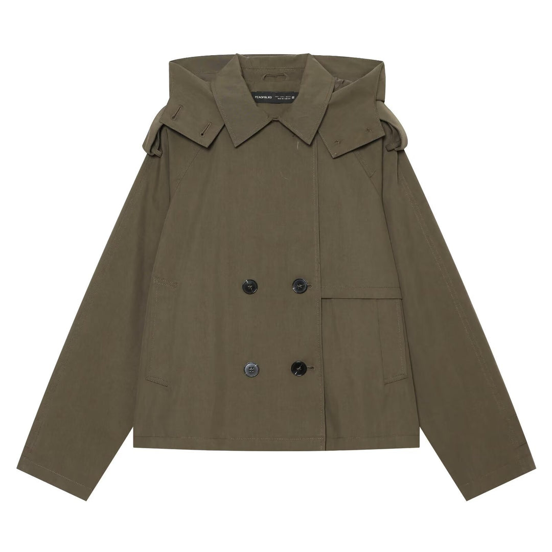 Damen Kurzgeschnittener Doppelreihiger Trenchcape-Mantel mit abnehmbarem Kragen Shop Nory