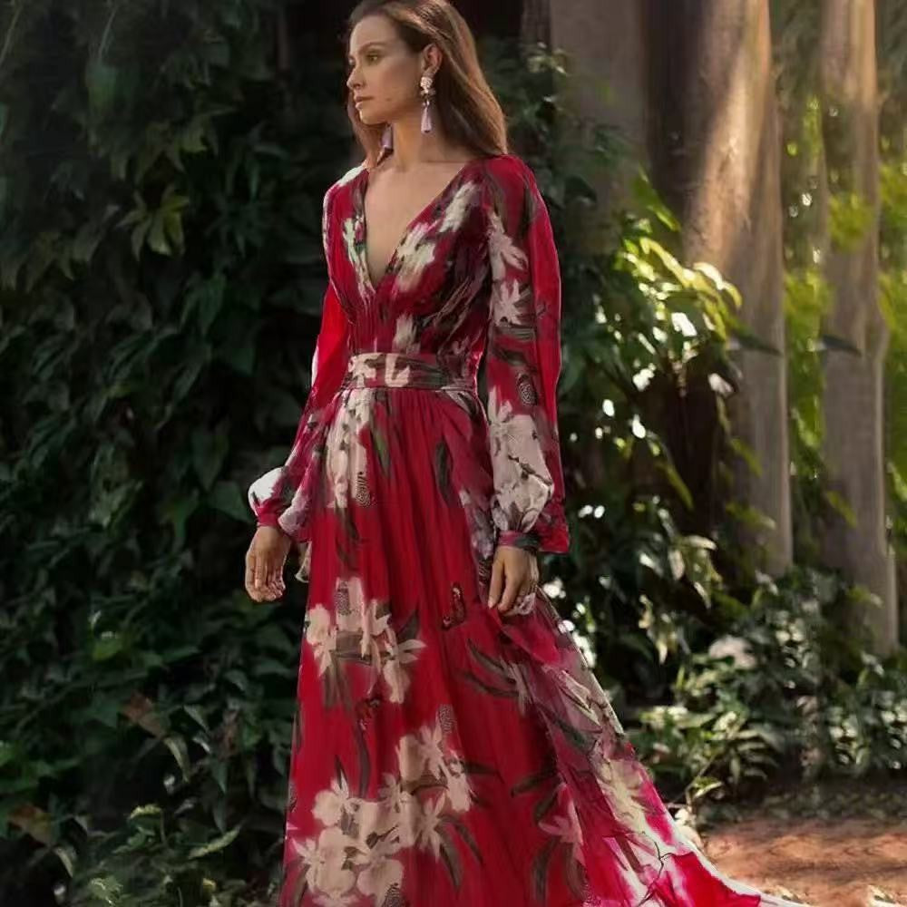 Damen Maxikleid Fließendes V-Ausschnitt