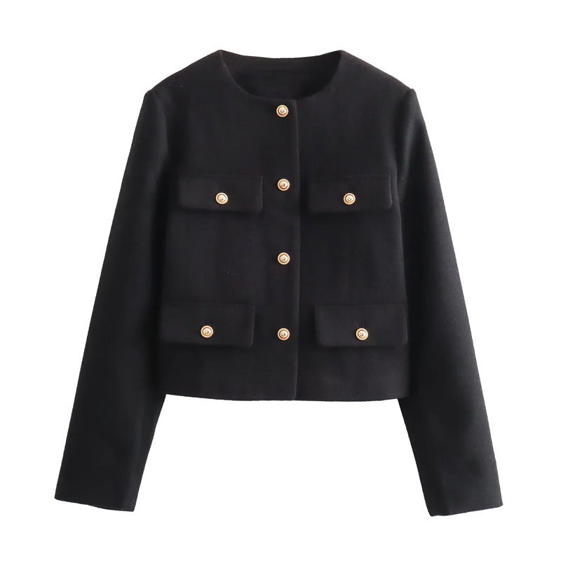 Damen Modische Kurzjacke mit dekorativen Knöpfen und praktischen Taschen