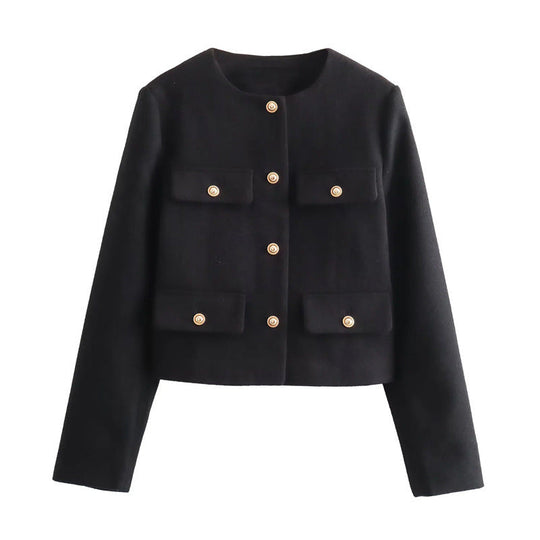 Damen Modische Kurzjacke mit dekorativen Knöpfen und praktischen Taschen