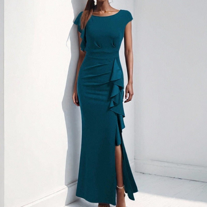 Damen elegantes Maxikleid mit Rüschendetails und seitlichem Schlitz