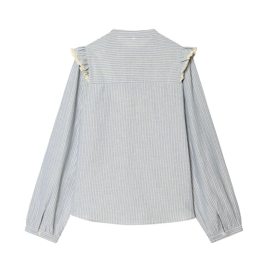 Damen Gestreifte Baumwollbluse mit quadratischer Brustpasse, Volant und Spitzenbesatz Shop Nory