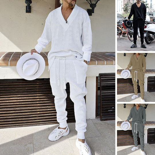 Herren Strukturiertes Strick-Loungewear-Set mit V-Ausschnitt und Tunnelzug-Jogginghose Shop Nory