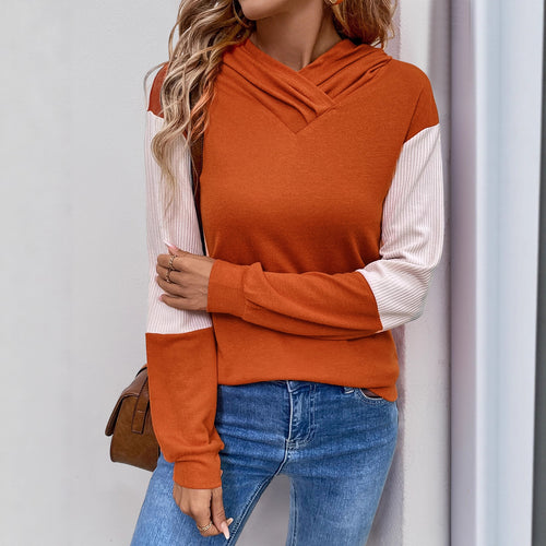 Damen Lässiger Kapuzenpullover mit V‑Kragen, Kontrastärmeln und Rippbündchen Shop Nory